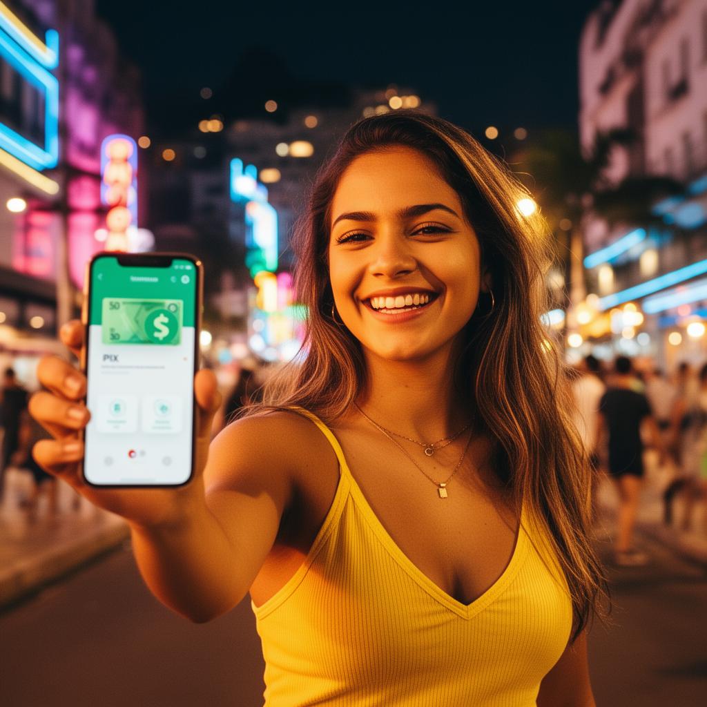 Brasileira recebendo PIX no celular à noite